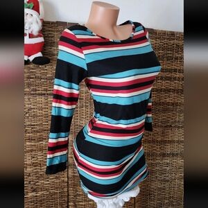 Bonded Bold Striped Vintage Y2K Bodycon T-Shirt  Dress Long Sleeve Sz M Costume